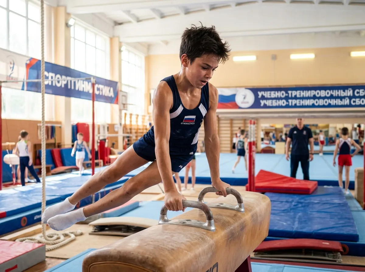 Юный спортсмен-гимнаст тренируется в зале, яркое освещение, целеустремлённость и энергия