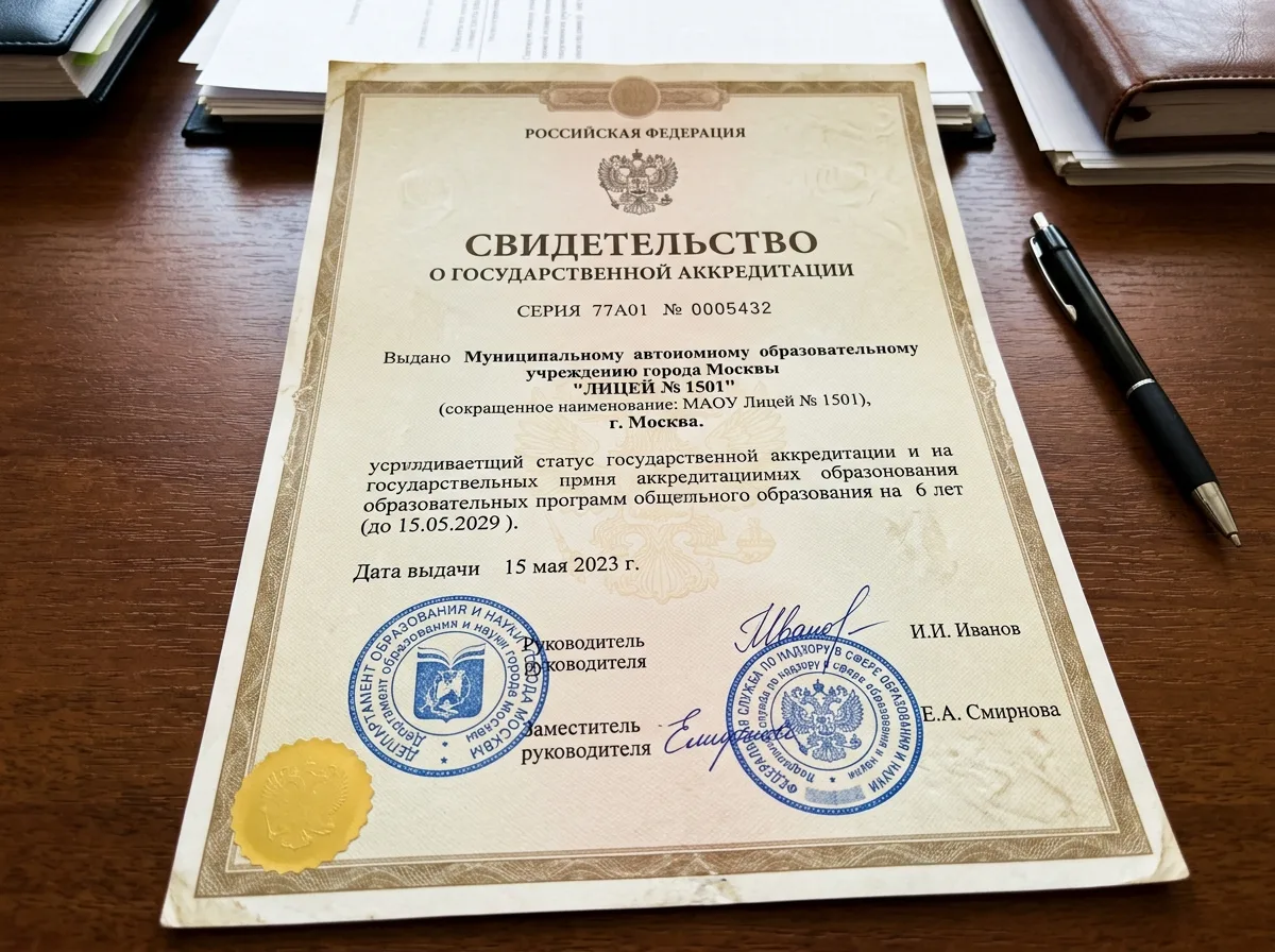 Свидетельство о государственной аккредитации образовательного учреждения, Москва, официальный документ с печатями и подписями